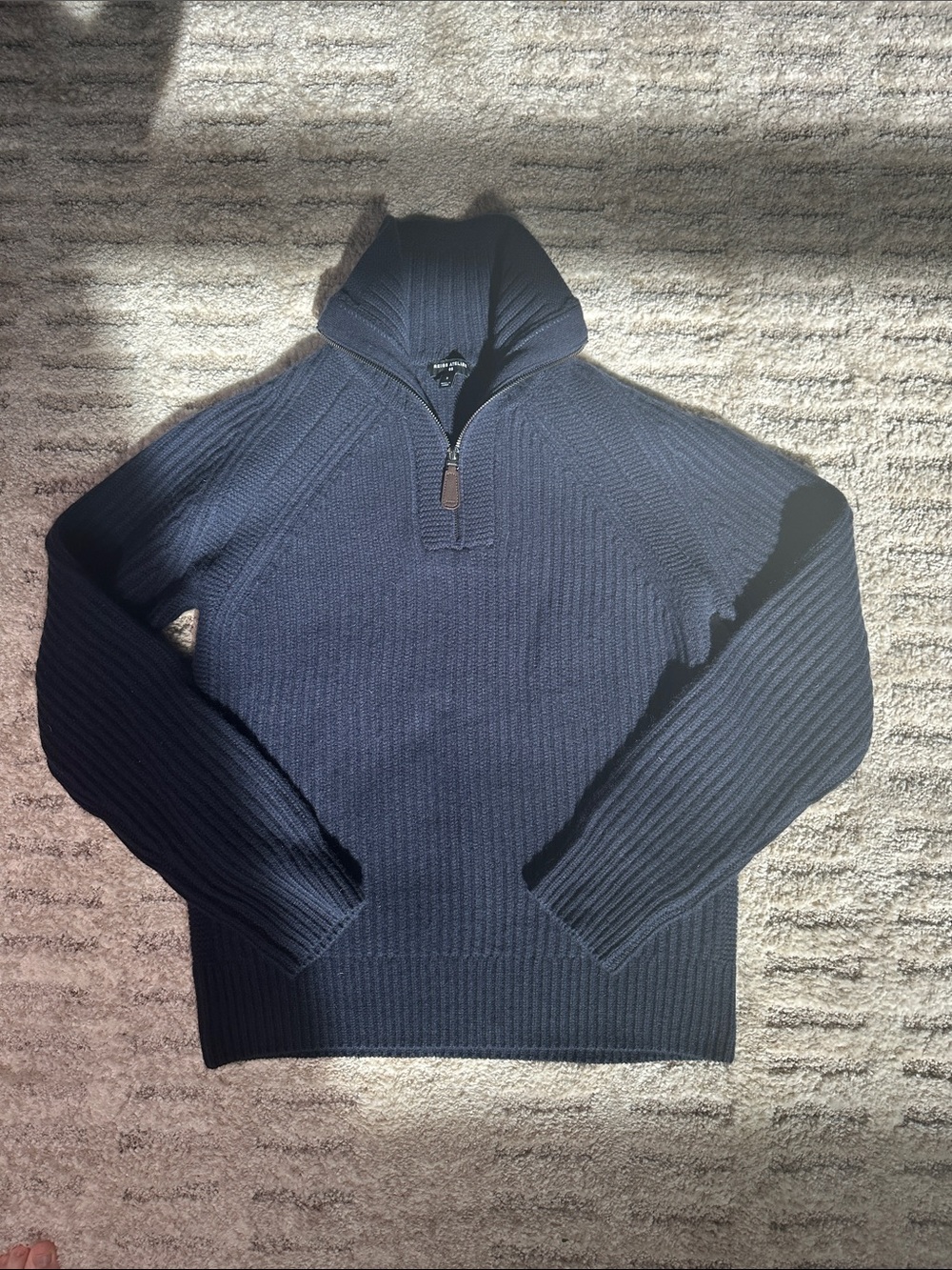 Reiss Atelier Men's Navy Ribbed Quarter-Zip Sweater 100% Cashmere